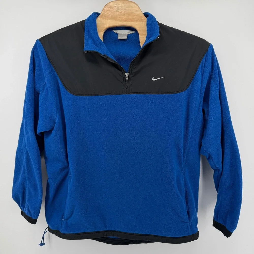 Nike Vintage Quarter Zip Fleece Pullover Blue Black XL Swoosh Mock‎ Neck Pockets